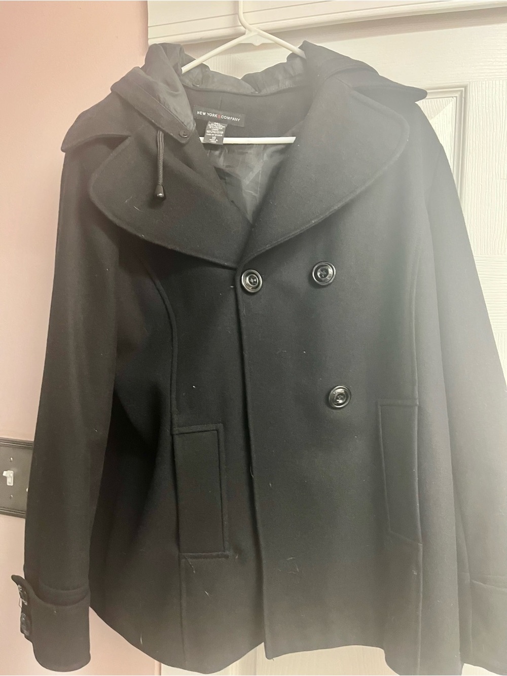 New York & Company Black Double-Breasted Peacoat with Hood